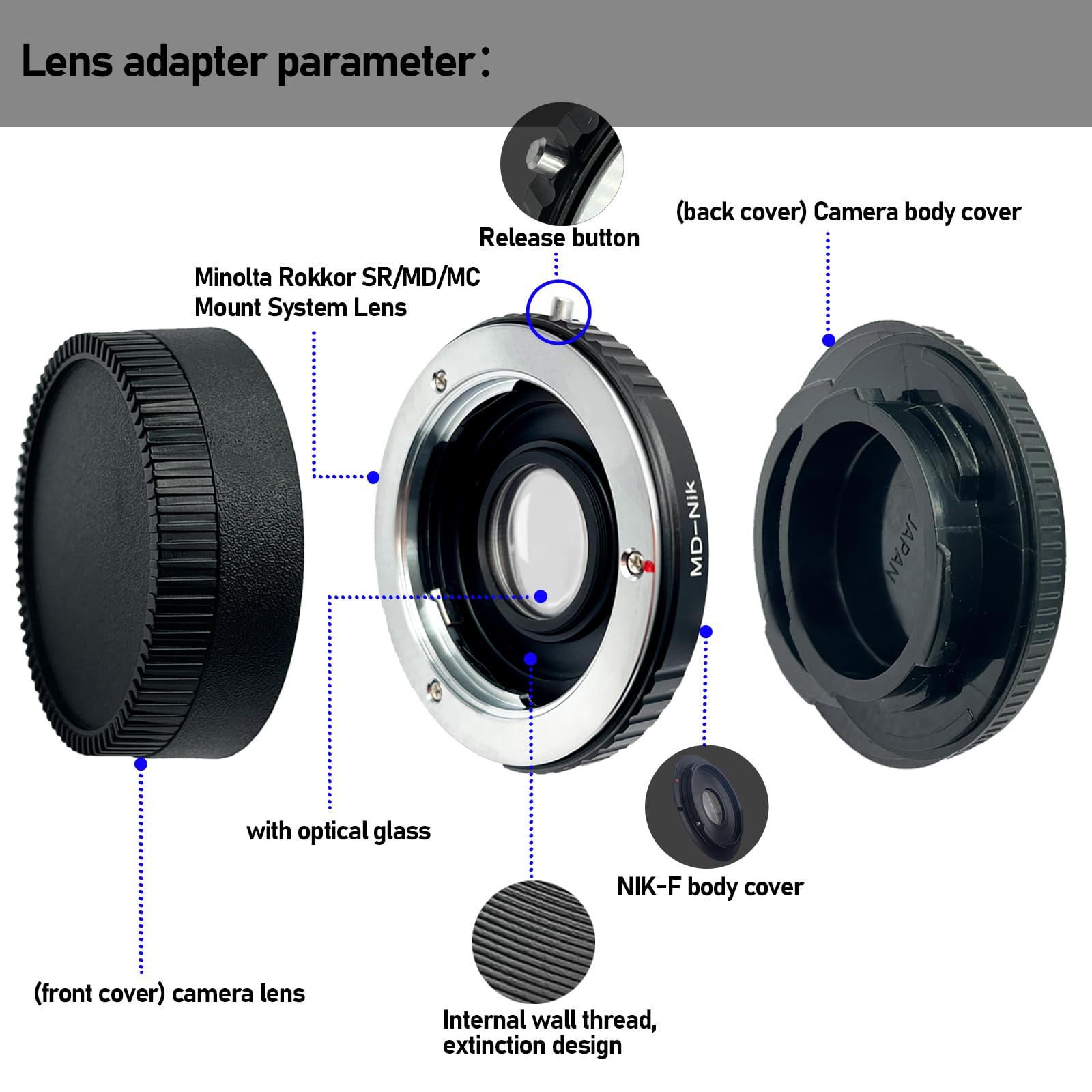 Adaptateur d'objectif MD vers Nik - Compatible avec objectif Minolta (MD/MC) sur appareils photo reflex Nik-F D780, D3000, D3100, D3200, D3400, D3400, D5000, D5100, D5200(MD vers Nik(Ai) - Avec