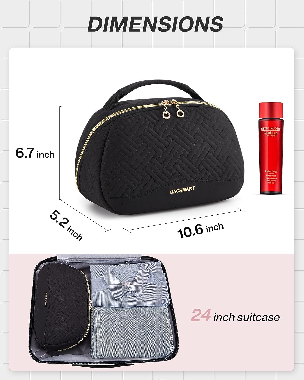 Reise-Kulturtasche für Frauen, extra große Öffnung, Kulturbeutel, wasserabweisend, Reiseutensilien, Doppelwege-Reißverschlüsse, Kosmetiktasche mit Tragegriff, Schwarz