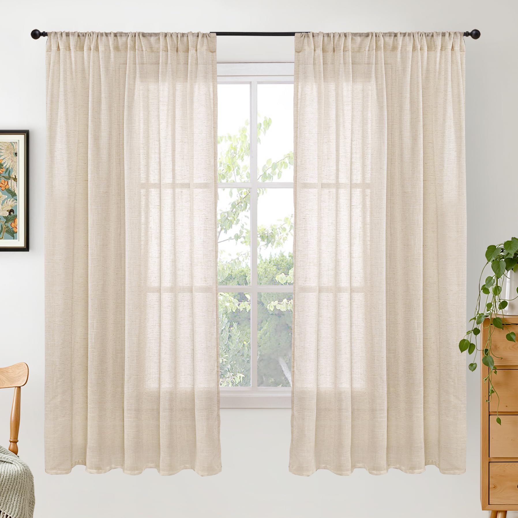 BGment Burlap Linen Curtains 63 Inch 2 Panels Set - Tan Semi Sheer Drapes Rod Pcoket Light Filtering Natural Country for Farmhouse Bedroom Lightweight, 52 X 63 Inch
