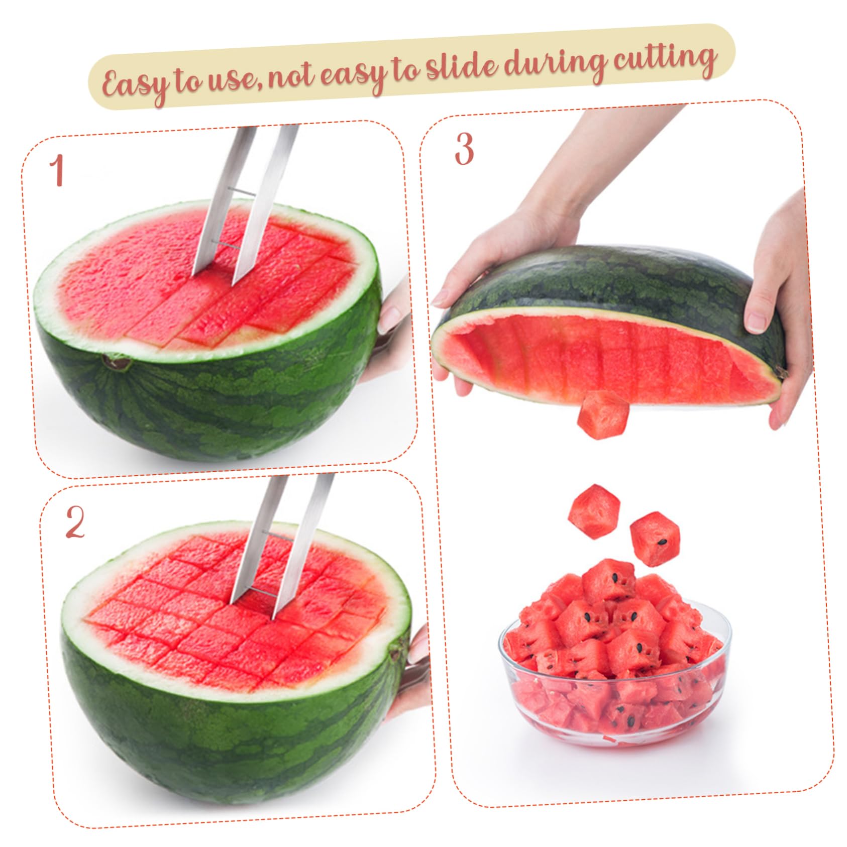 GLEAVI Herramienta para Cortar Sandía y Melón de 2 Piezas, Cortador de Frutas en Cubos de Acero Inoxidable 304, Utensilio Seguro y Confiable para Cocina