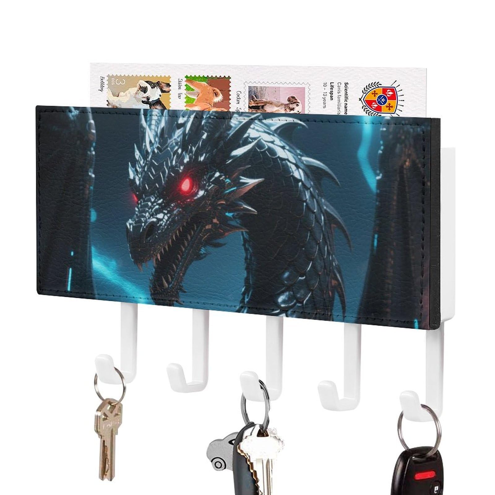 DWVTSLH Dragon Key Holder for Wall, Decorative Key Hooks with Mail Organizer & 5 Hooks, Self Adhesive Leather Key Hanger for Entryway, Wall Mounted Key Rack (7.1” X 4.3” X 0.9”)