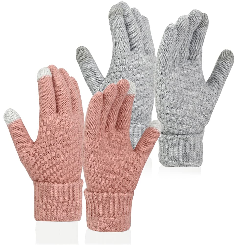 meioro 2 Pairs Women's Winter Gloves Touchscreen Warm Wool Knit Lining Glove,Touch Screen Elastic Cuff Texting Thermal Gloves (Pink,Grey, 2 Pairs)