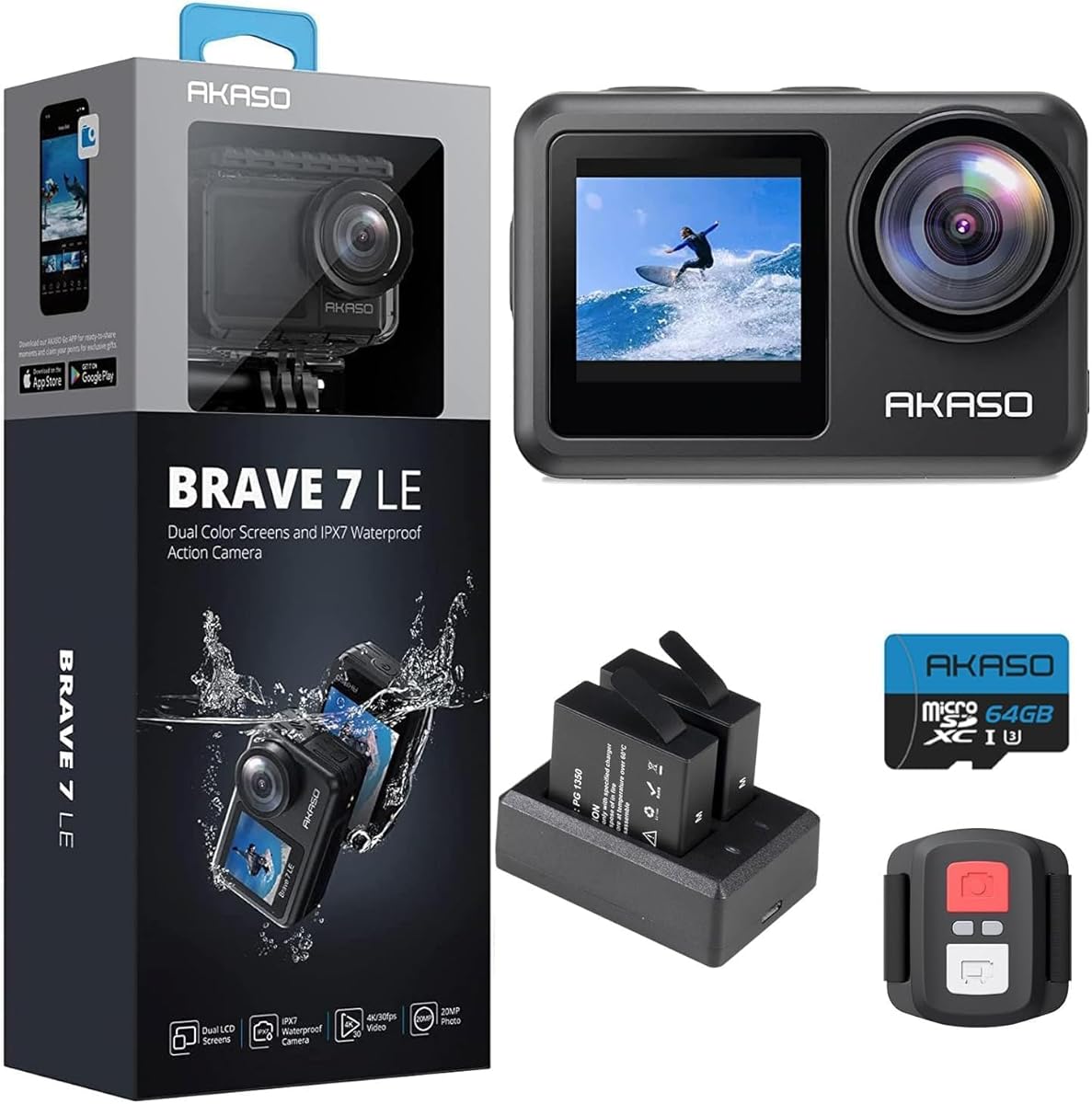 Amazon.com : AKASO Brave 7 LE 4K30FPS 20MP WiFi Action Camera with Touch Screen EIS 2.0 Zoom Remote Control 131 Feet Waterproof Camera Support External Microphone with 64GB U3 MicroSDXC Memory Card : Electronics