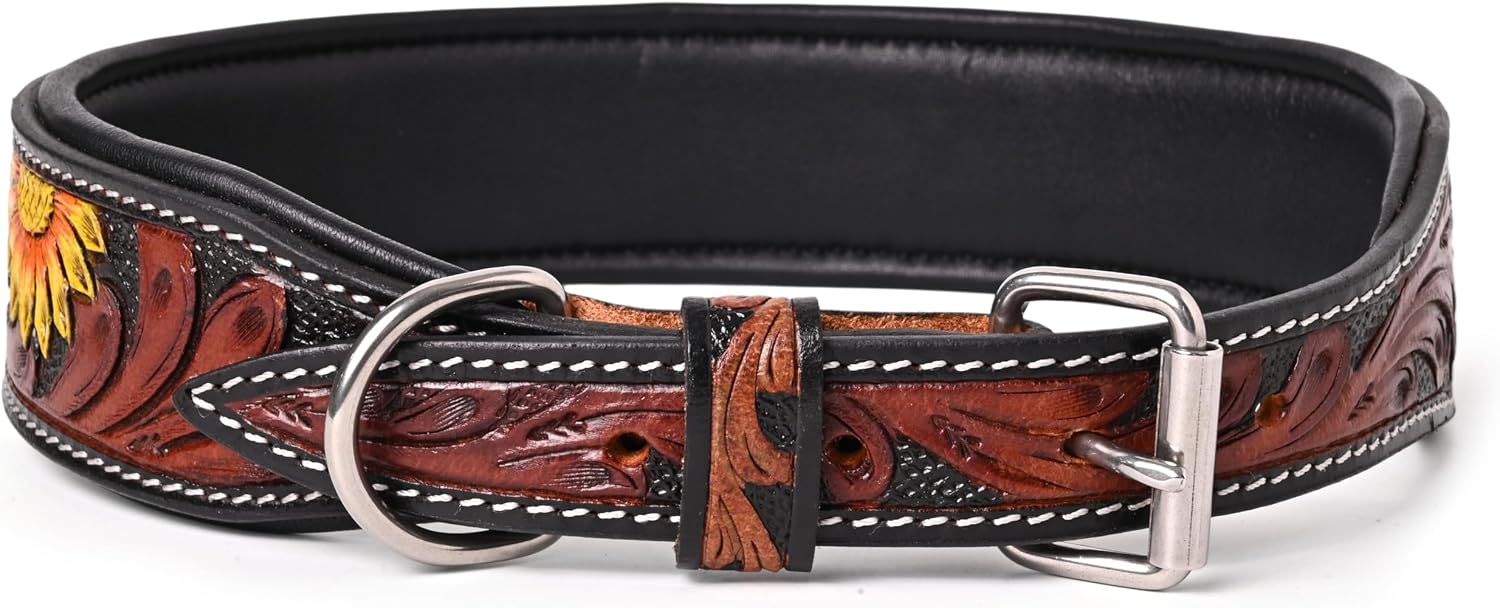 TARICO Genuine Leather Dog Collar, Floral Design Heavy Duty Adjustable Durable Padded Neck Belt with Strong Metal Buckle & D-Ring for Walking, Training & Running - Yellow, Large (Fits 20–23" Necks) image 2