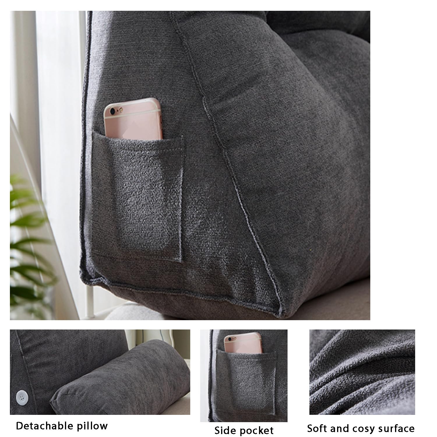 Almohada de Lectura Triangular para el hogar, Almohada de Apoyo Lumbar de cuña, cojín de Cama Suave, cojín de Cintura de sofá, cojín de Respaldo, Almohada Ajustable para el Cuello y Bolsillo