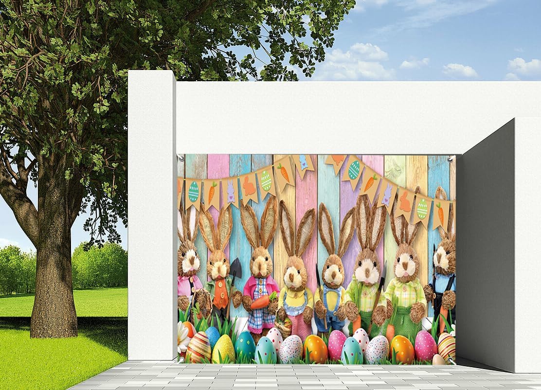 7x8ft Spring Easter Garage Door Decor Colorful Wood Eggs Cute Rabbit Pastel Rustic Green Lawn Garage Door Backdrop for Birthday Baby Shower Party Garage Door Banner