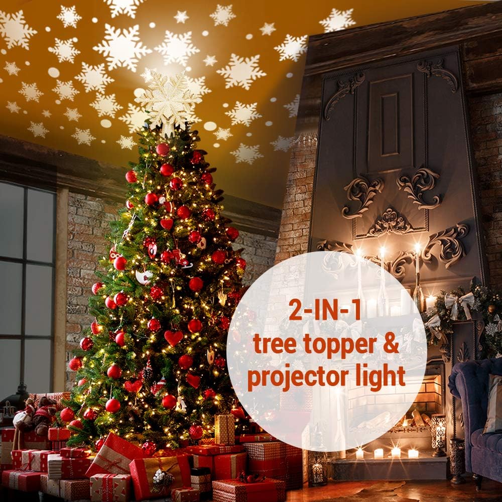 Benjia Christmas Tree Topper Lighted with White Snowflake Projector,3D Glitter LED Rotating Snowflake Lighted Tree Topper for Christmas Tree Decoration Decorations(Gold)