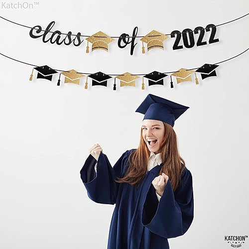 Miniatura 3 de Banner negro y dorado para la clase de 2022, 10 pies, sin bricolaje, pancarta de graduación 2022 con guirnalda de gorra de graduación, decoraciones
