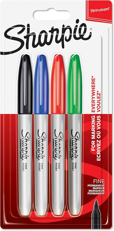 Marcadores permanentes Sharpie | Punta fina para detalles atrevidos | Colores de tinta NegroAzulRojo y Verde | 4 rotuladores
