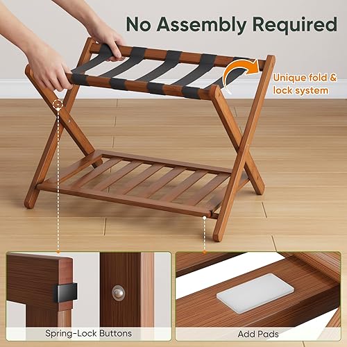 Miniatura 5 de Bamboo Luggage Rack Fully Assembled, Folding Suitcase Stand with Shoe Shelf, Heavy-Duty Luggage Holder for Guest Room Must Haves, Bedroom, Hotel,