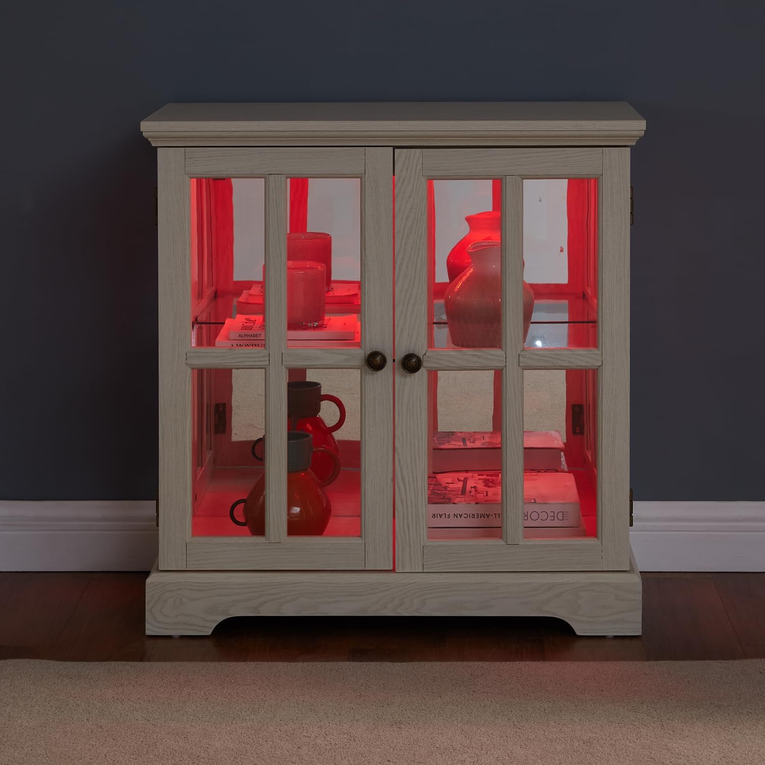 Led Curio Display Cabinet - White MDF+Glass - Adjustable Shelves - Retro Design Elegant Bookcase with Led Lighting - Home Decor