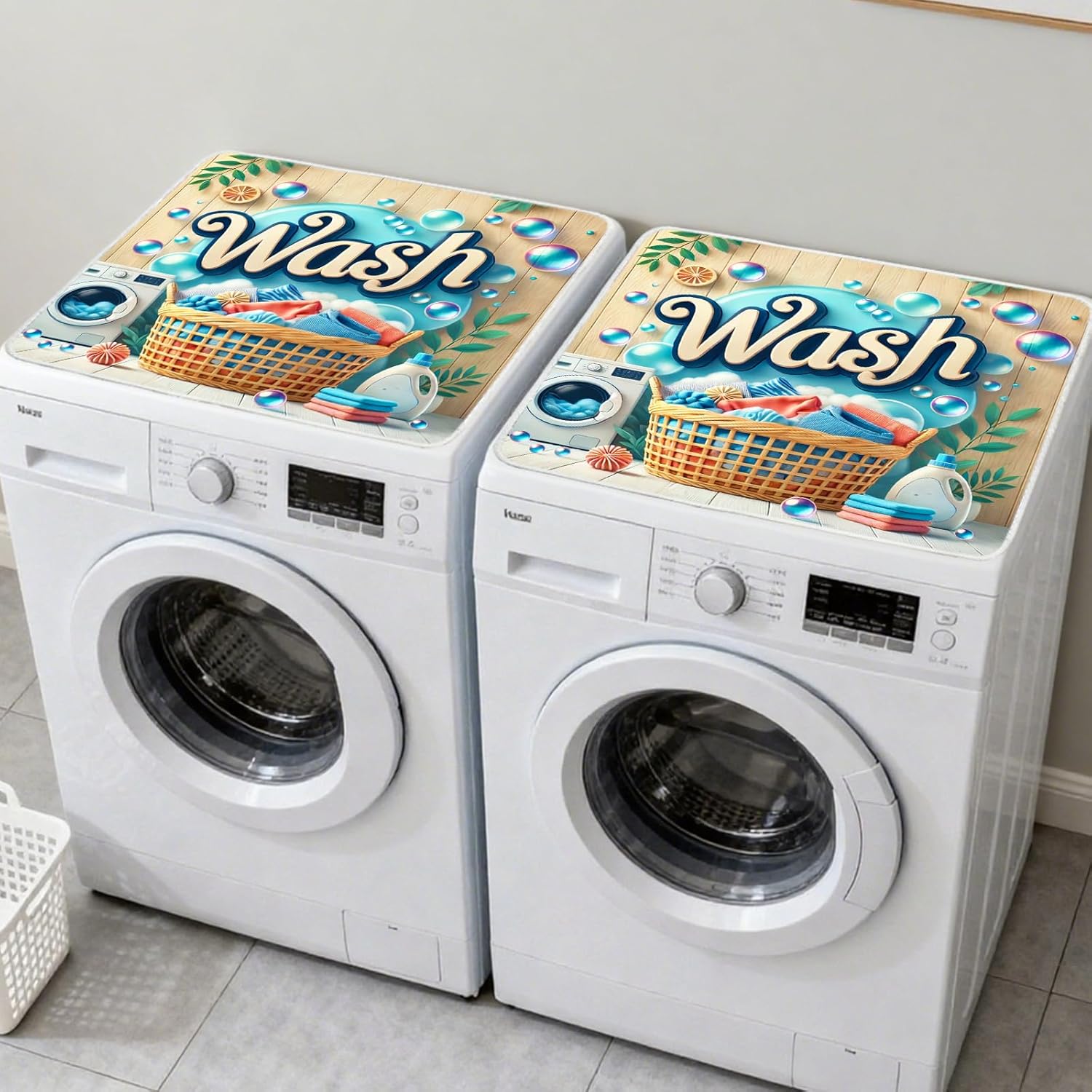 Nuxovilar Wash Blue Foam Laundry Basket Washing Machine Dryer Dust Cover Pad for the Top, 23.6 x 19.6 Inch Vintage Non-slip Washer Dryer Covers for The Top, Protector of Washer Home Decor