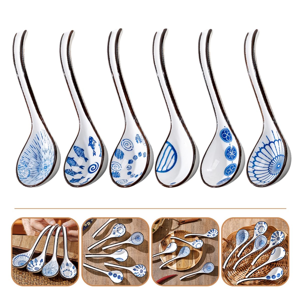 COLLBATH 6stücke Asiatische Suppenlöffel Keramik Reislöffel Chinesische Große Servierlöffel Tragbare Esslöffel Für Suppe Reis Brei