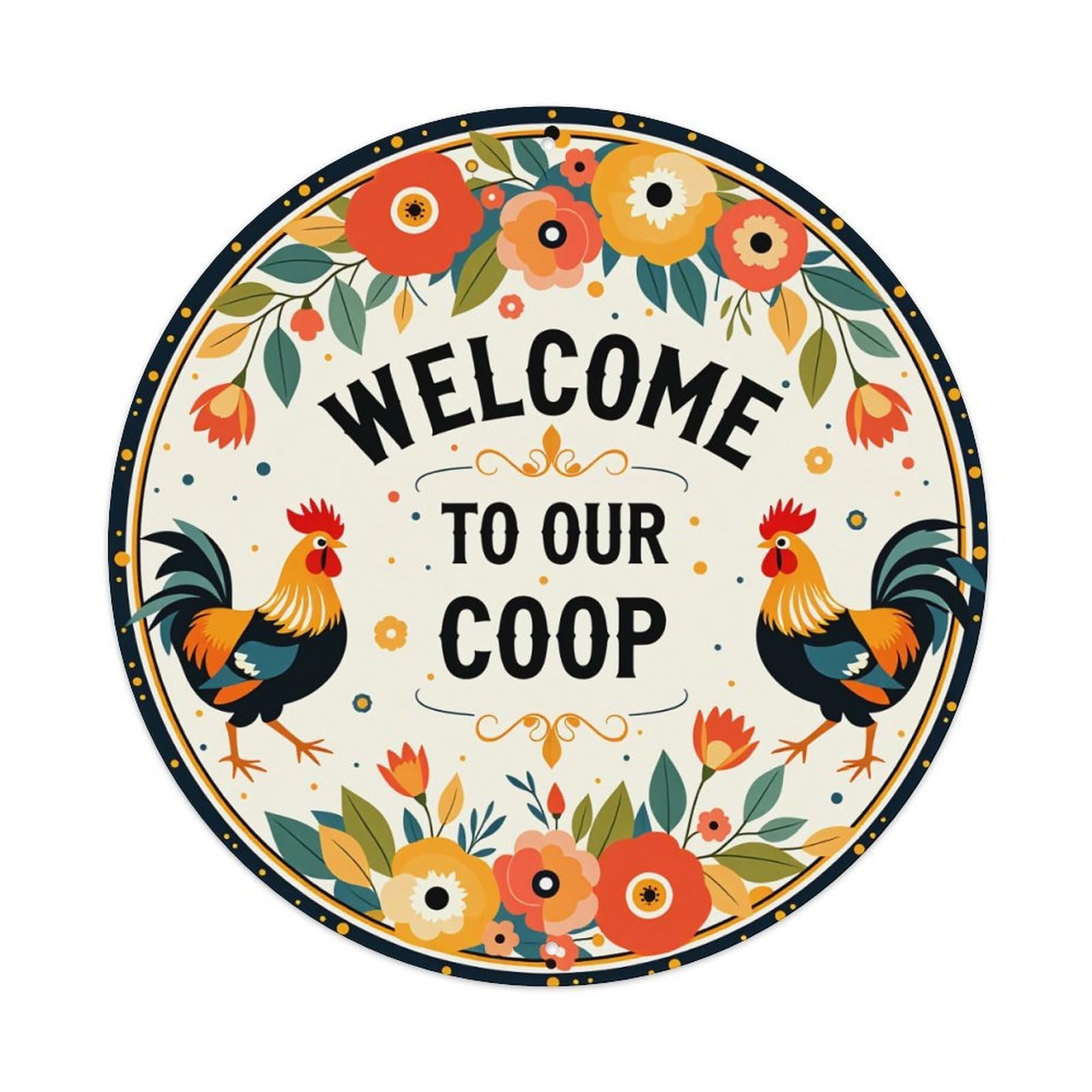 Floral Rooster Welcome Coop Sign Round Tin Sign Vintage Style Metal Sign Home Bar Garden Wall Plaque Decor Metal Poster 8x8 Inch