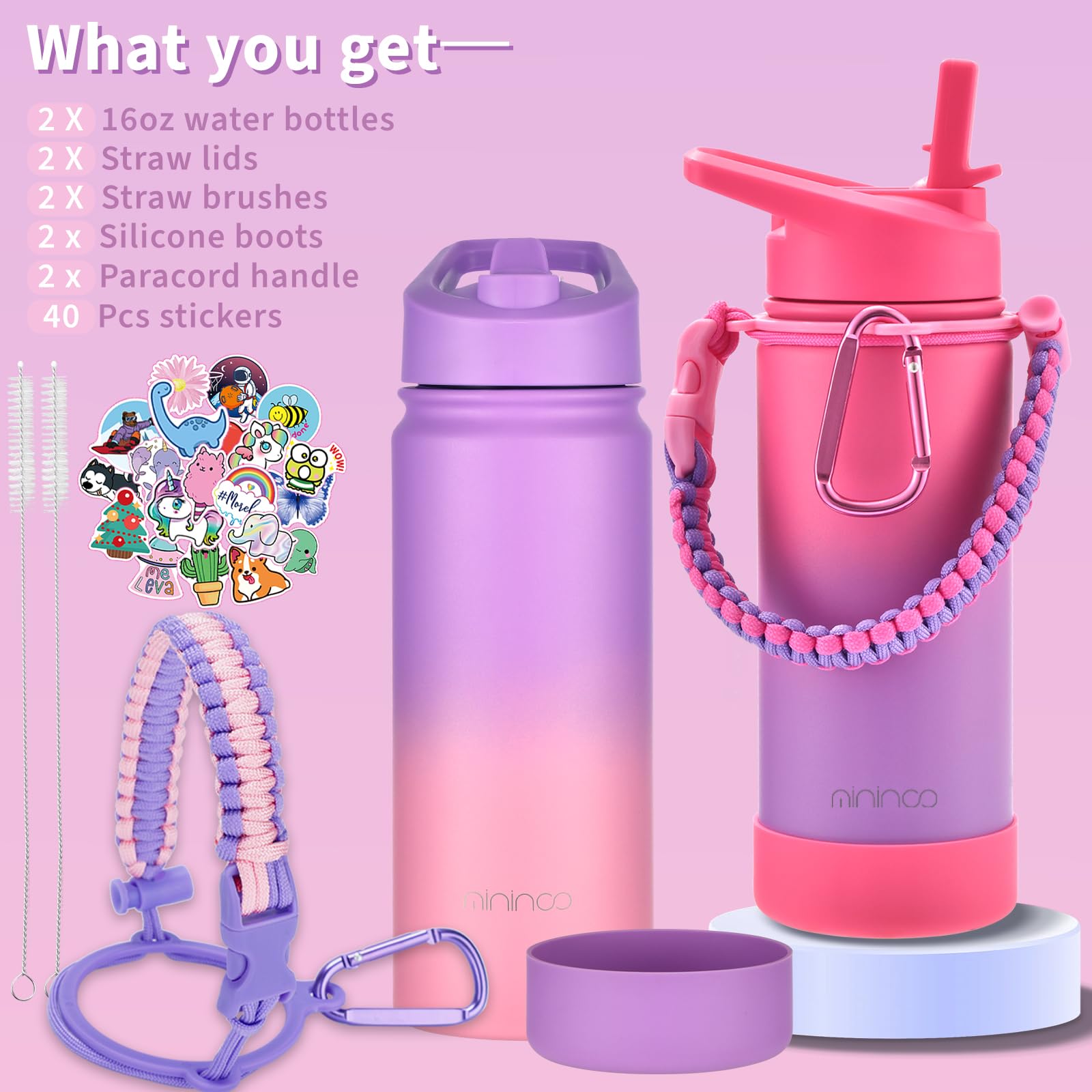 Mininoo Botella de agua aislada para niños, botella de agua de acero inoxidable de 16 onzas con asa de paracaídas para niñas y niños (paquete de 2)