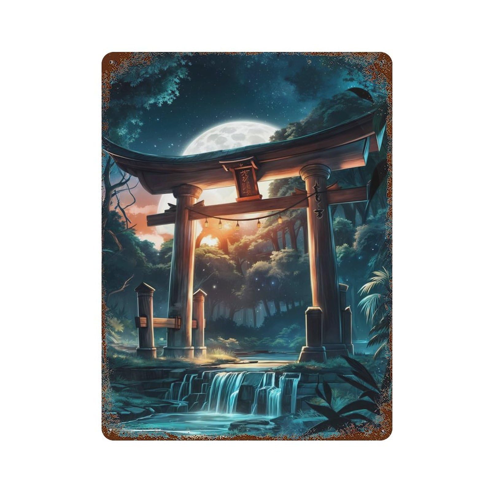 Torii Gate Night Forest Aged Metal Wall Plaque 15.7"x11.8", Old School Wall Decor for Garage, Bar And Workshop Decor