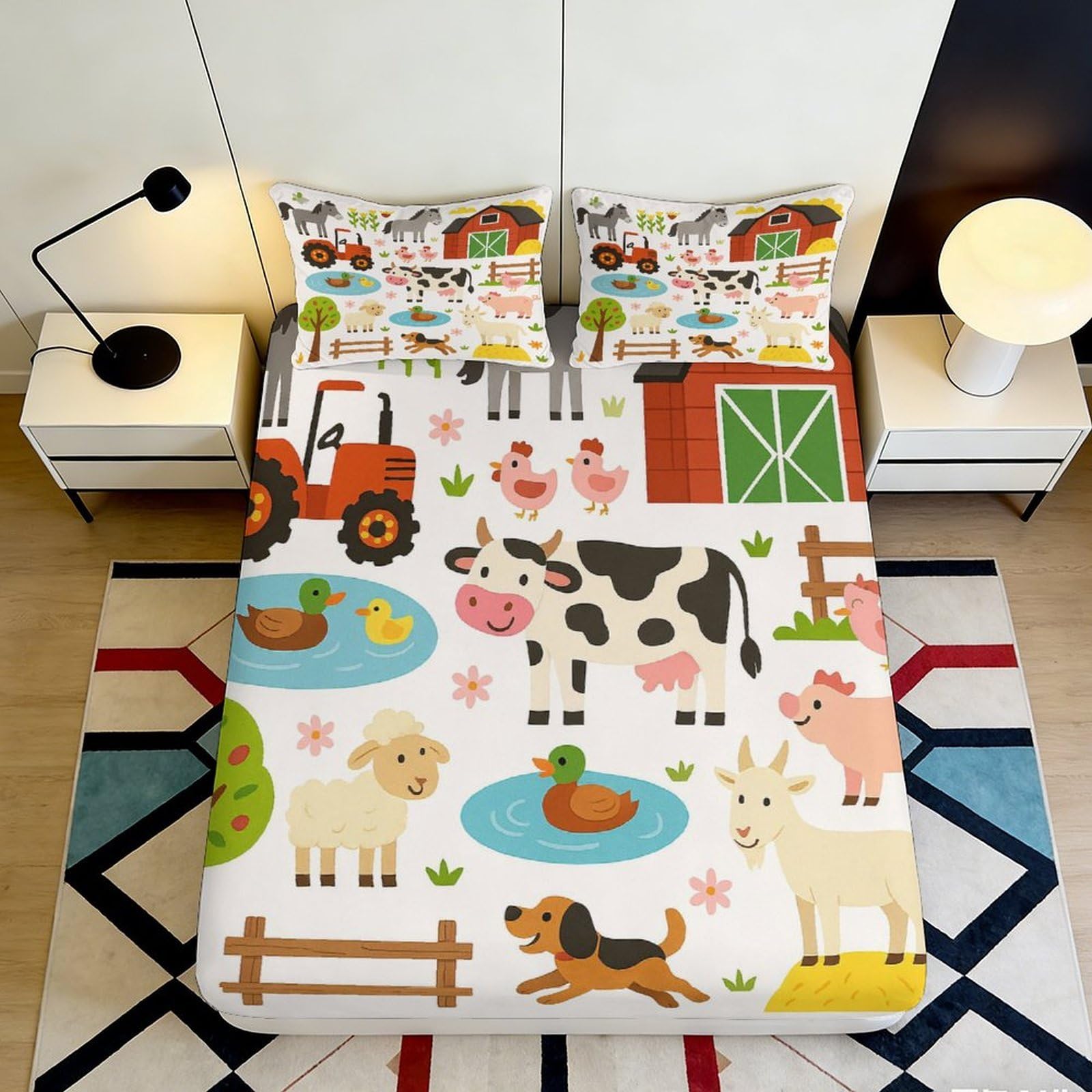 3D Printed Farm Animal Fitted Sheet Microfiber Soft Decor Tractor Barn Mattress Cover for Bedroom Guest Room 90x200x25cm