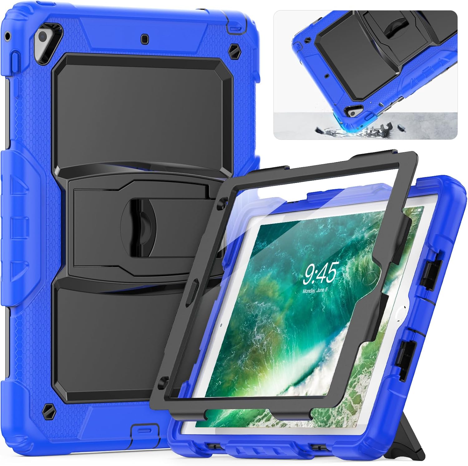 HXCASEAC Shockproof Case for iPad 6th/5th Generation, Air 2 / Pro 9.7 inch Case with Screen Protector, Built-in Stand, Durable, Protective Cover for iPad 2018/2017/2016/2014 - Blue