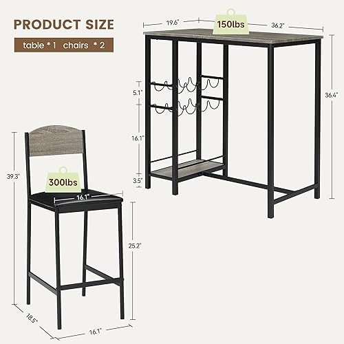Miniatura 10 de Juego de mesa de bar para 2 personas con reposapiés, mesa de comedor de cocina con 2 sillas tapizadas, taburetes de bar de altura de mostrador de