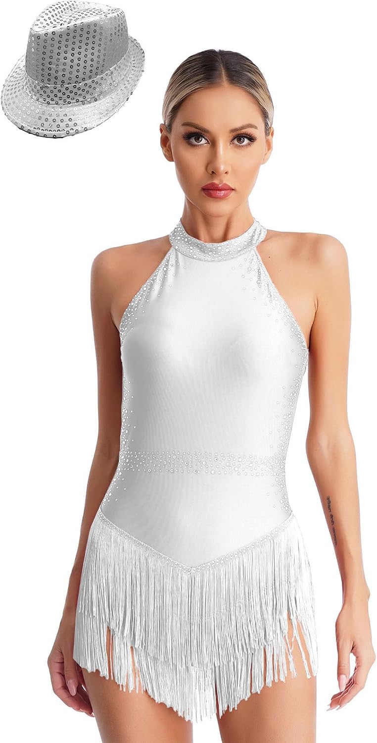 Shiny Rhinestone Bodysuit Women Sexy Backless Sleeveless Halter Latin Jazz Dance Leotard with Fringe