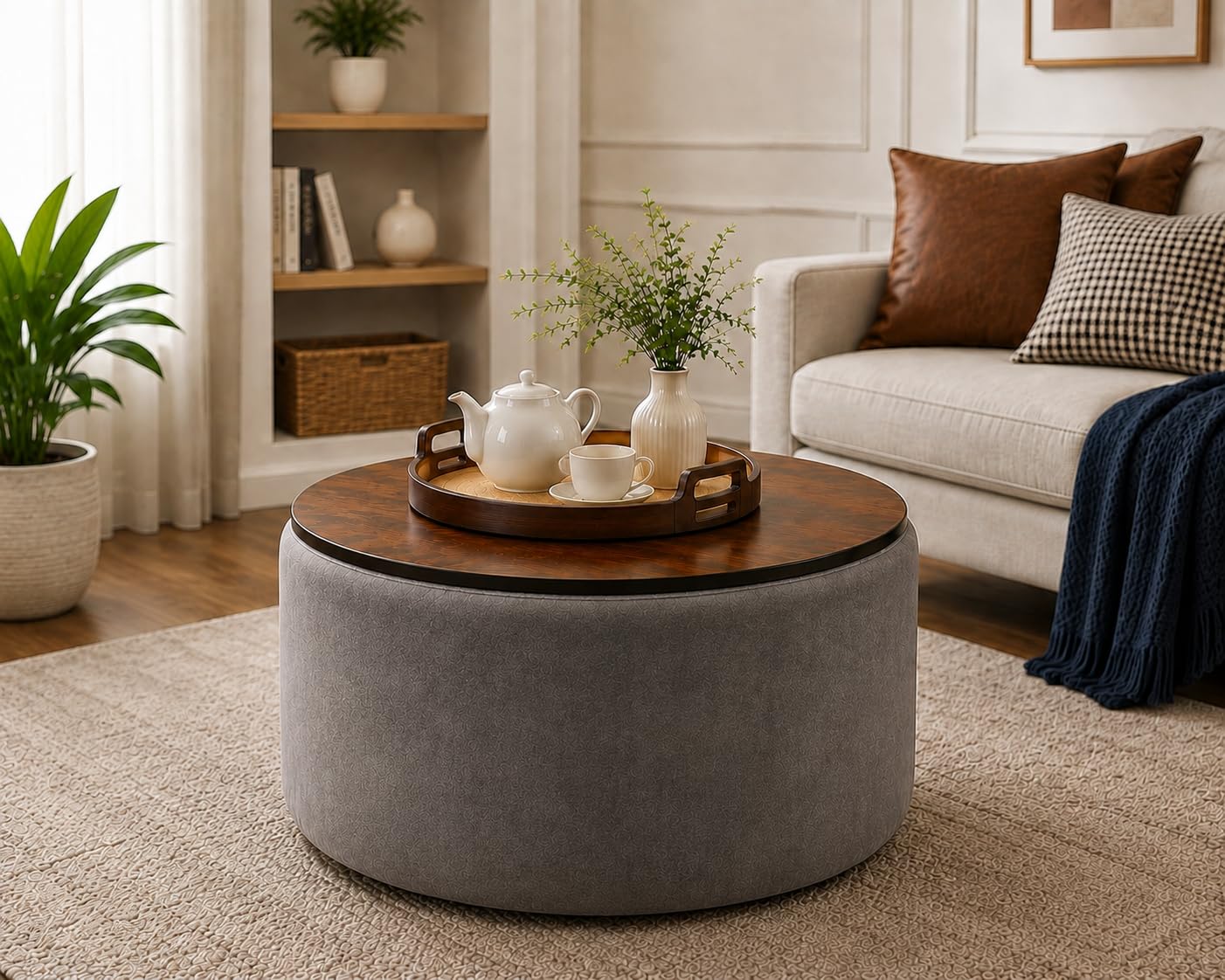 Elegant Round Coffee Table with Wooden Top & Storage Ottoman… Elegant Round Coffee Table with Wooden Top & Storage Ottoman…