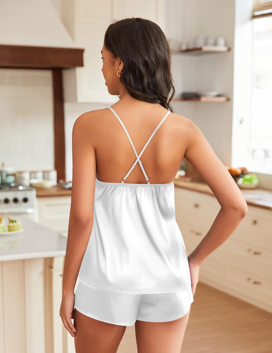 EKOUAER Silky Pajama Set for Women V-Neck Satin Camisole Lingerie Sets Party Loungewear Sleepwear - Image 7