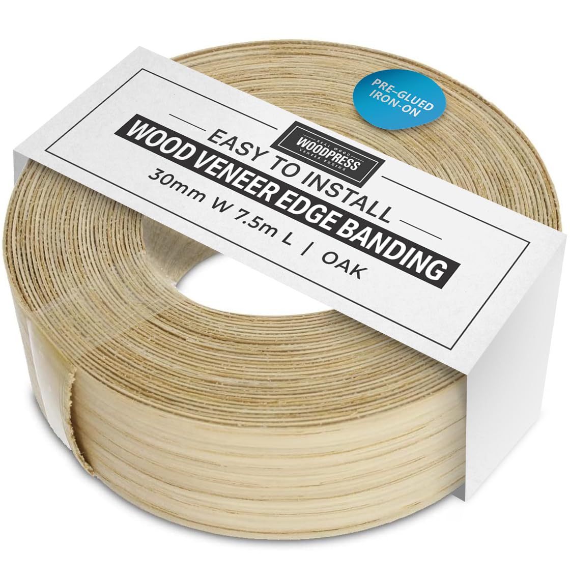 WoodPress® Real Oak Veneer Edging Tape – 30mm x 7.5m | Pre-Glued Iron on Edge Banding w/Hot Melt Adhesive