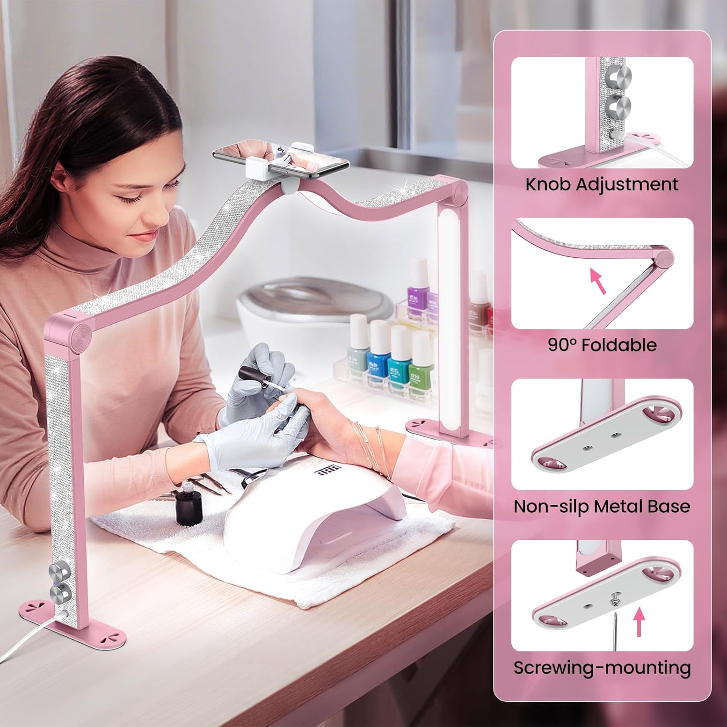 Yokilly Arc Half Moon Light: 34" Shadow-Free Half Moon Light for Desk Salon - Foldable LED Desk Lamp with Stepless Brightness for Manicurist (Rose Pink)