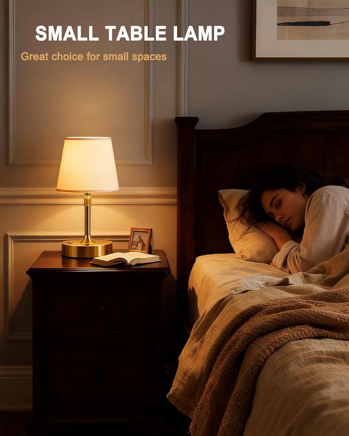 Small Cordless Lamp, Dimmable Rechargeable Table Lamp, 5400mAh Battery Operated, Portable Gold Touch Desk Lamp for Bedside, Kitchen, Counter, White Fabric Shade, E14 2700K Bulb Included