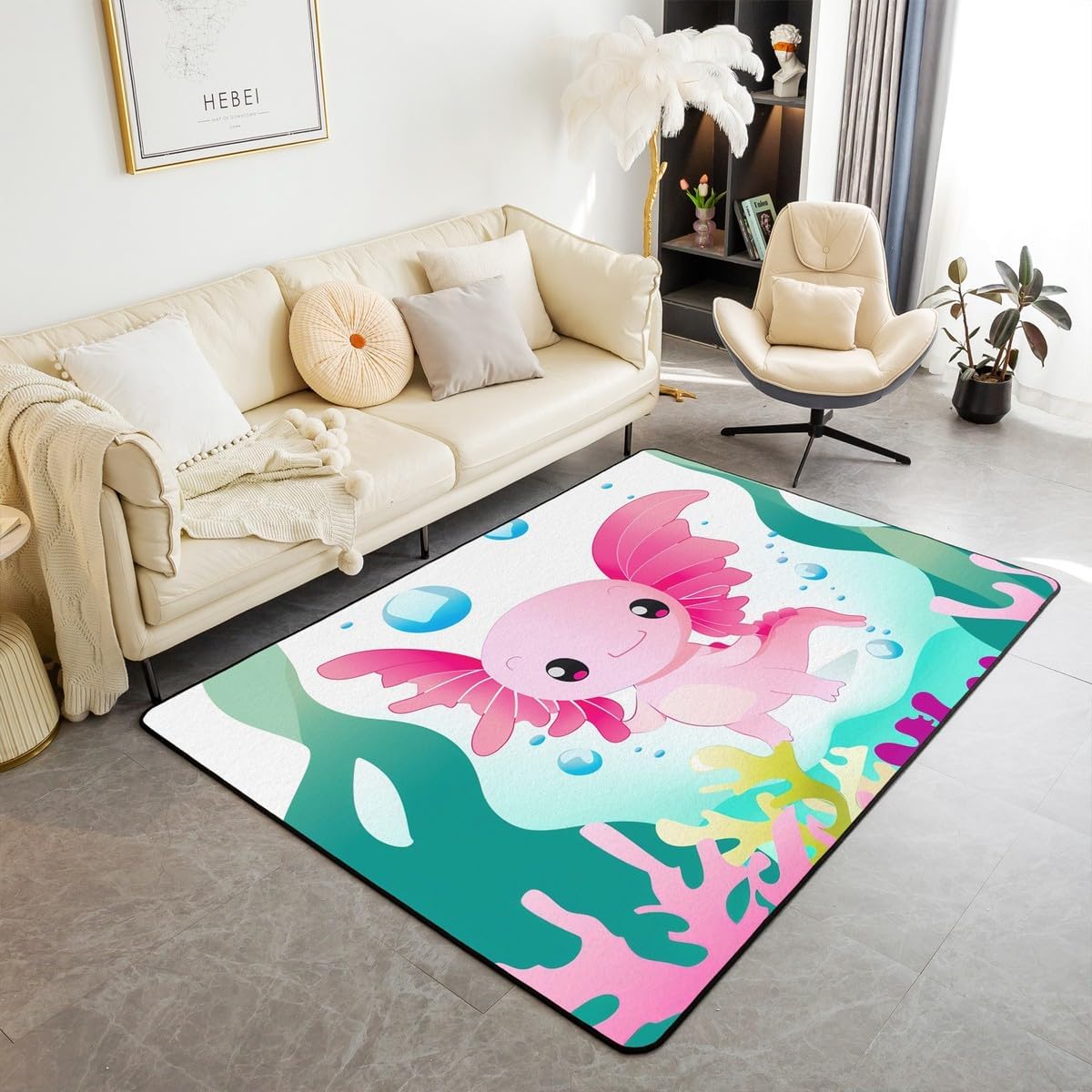 Erosebridal Kawaii Pink Axolotl Carpet Cartoon Axolotl Area Rug 5X7,Seaweed Ocean Sealife Indoor Floor Mat for Kids Girl Women Lady Funny Underwater World Marine Decorative Accent Rug