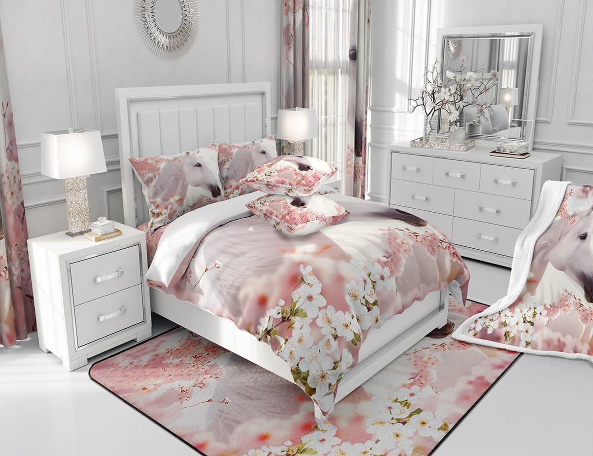 Feelyou Kids Horse Bedding Set Cherry Blossoms Duvet Cover Twin Size for Boys Girls Bedroom Decor Cute Animal Decor Comforter Cover Set Pink and White Bedspread Cover with 1 Pillow Case(No Comforter)