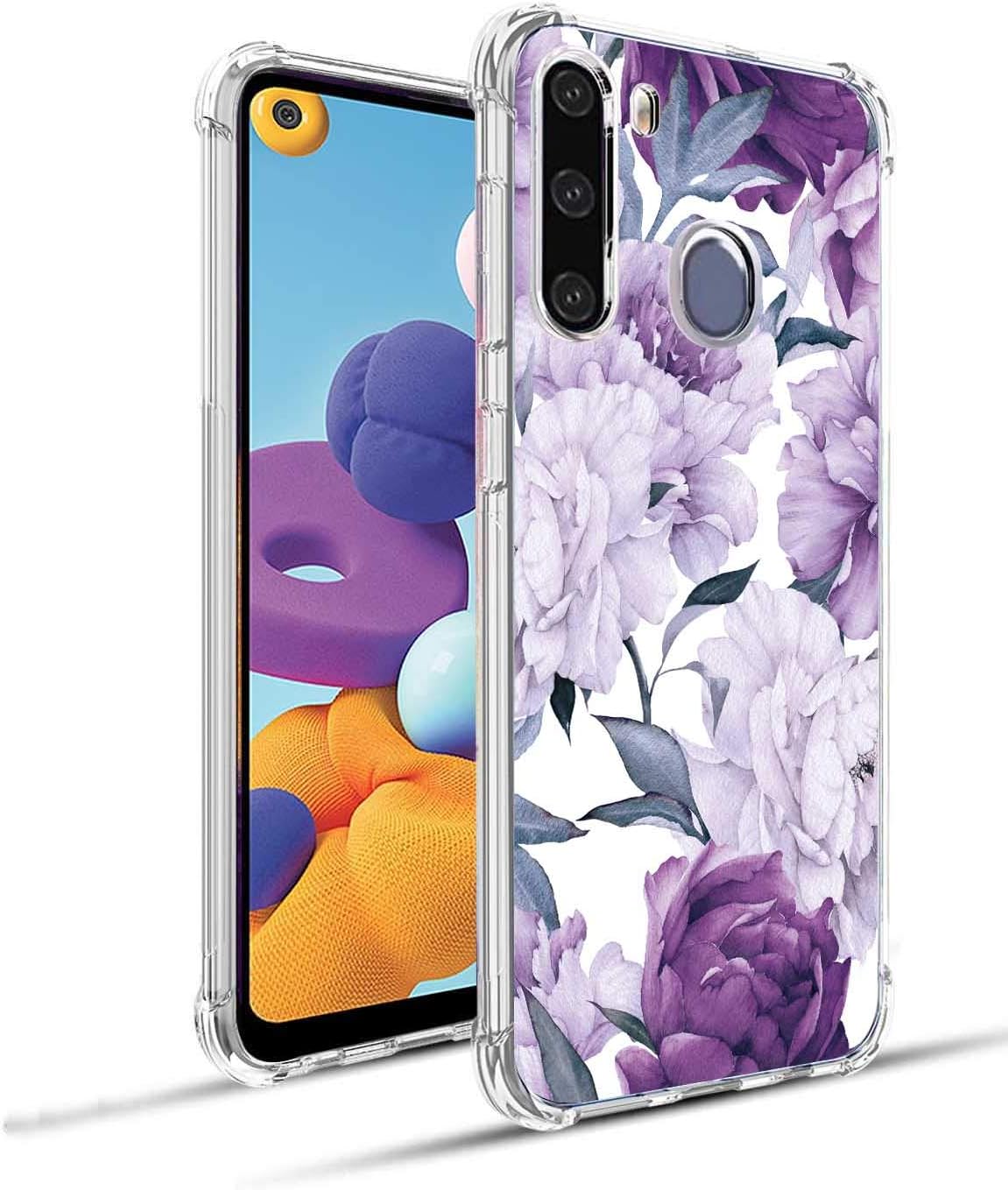 Leychan for Galaxy A21 case, Slim Flexible TPU for Girls Women Airbag Bumper Shock Absorption Rubber Soft Silicone Case Cover Fit for Samsung Galaxy A21 (Purple Flower)