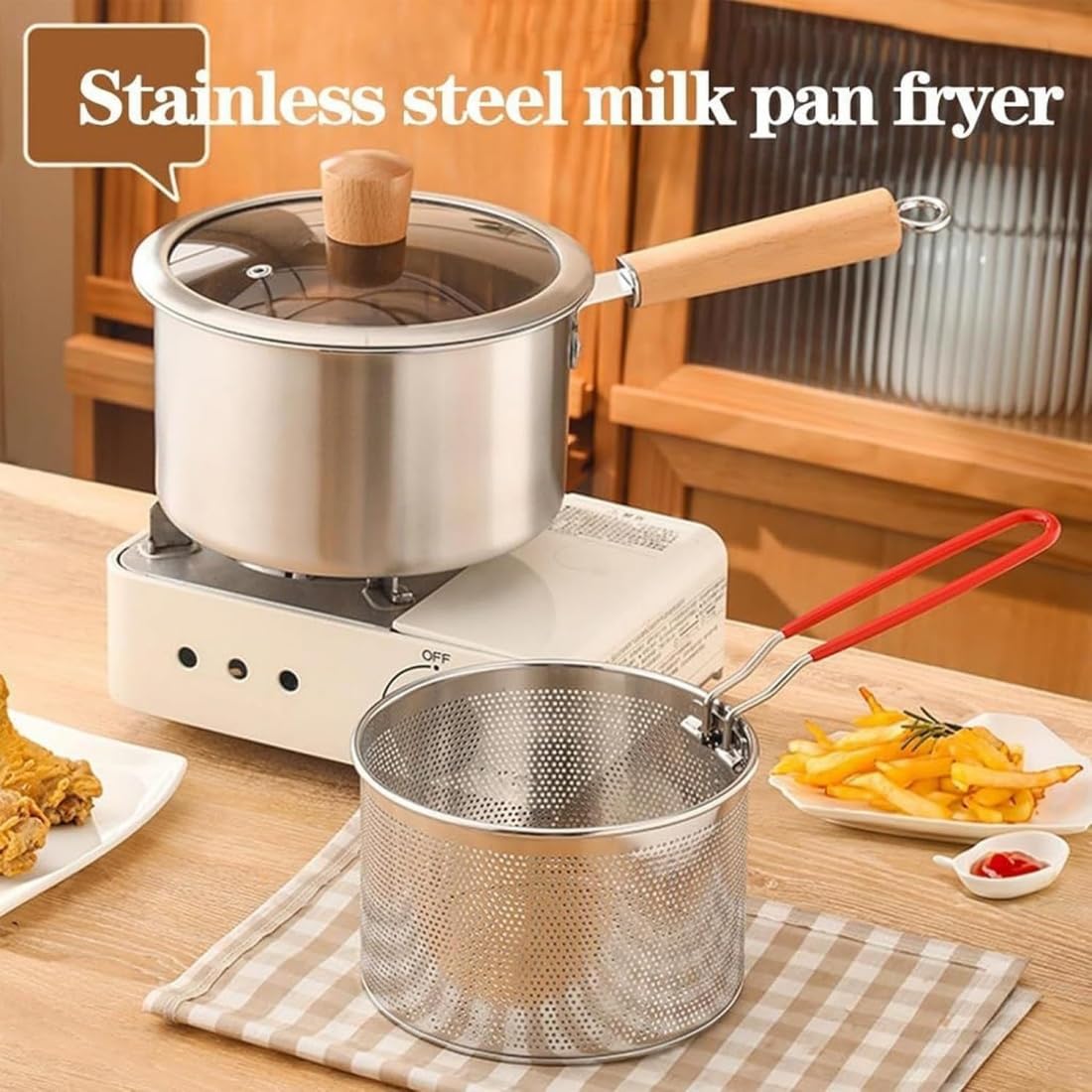 Pentola Frittura Multifunzionale Acciaio Inox 304 con Cestello, Coperchio, Pinza, Friggitrice Profonda Cucina, Padella Patatine Pesce Pollo Gamberi, Contenitore Olio Riutilizzabile (1pcs-a)