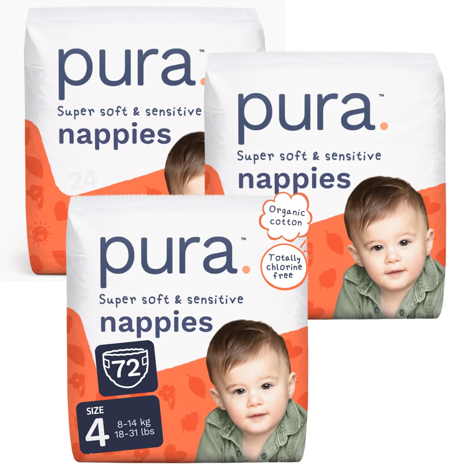 Pura Baby Nappies Size 4-72 Count, 8-14kg/18-31lbs, Cloud Soft Premium Nappies for Hypoallergenic & Sensitive Skin, Toxin-Free*, Blowout Blocker™, Up to 12 Hours Leak Protection