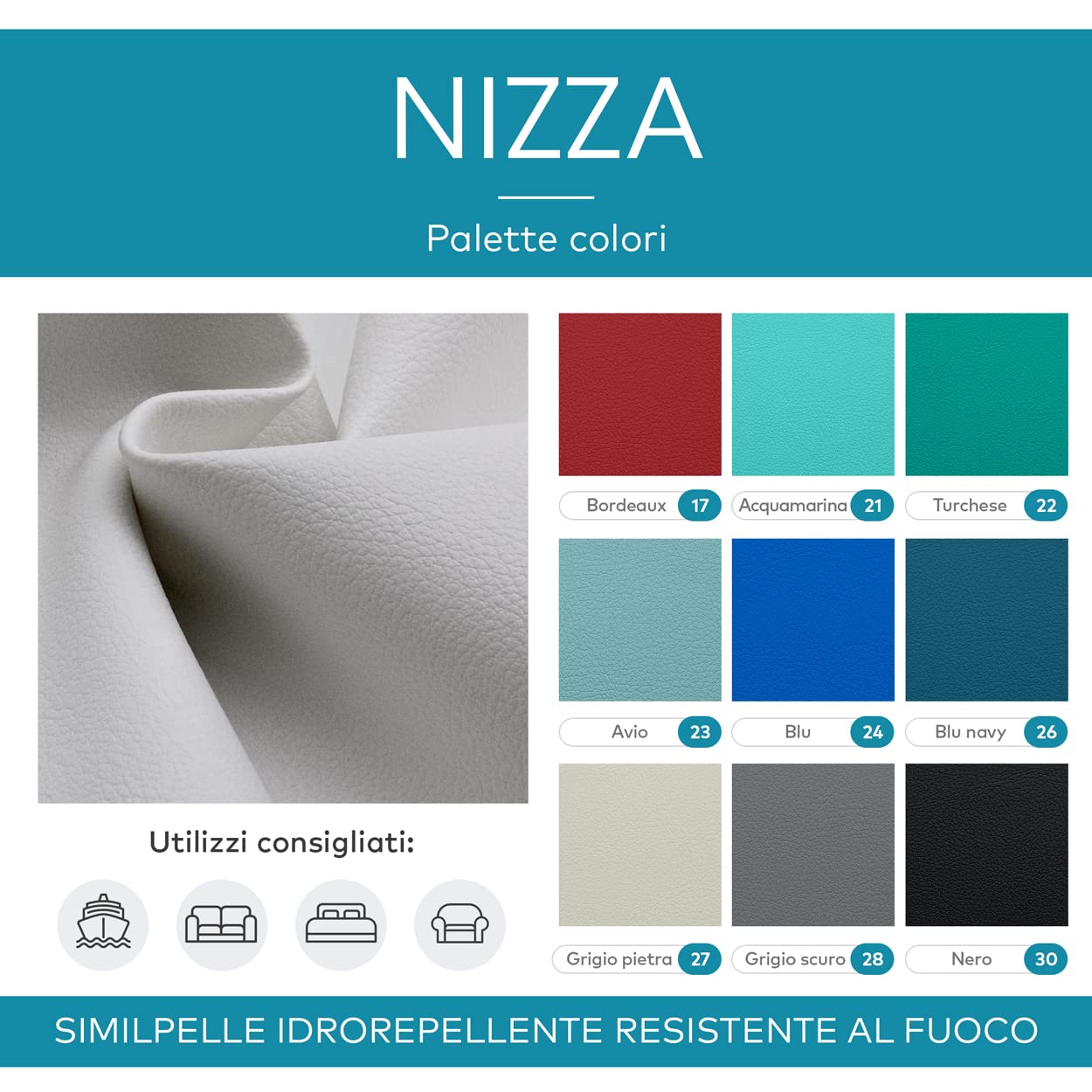 DESHOME Nizza - Tessuto al metro Ecopelle Similpelle nautica Idrorepellente resistente al fuoco Stoffa per arredo barche divani, cuscini, tappezzeria - 1 metro, Fango