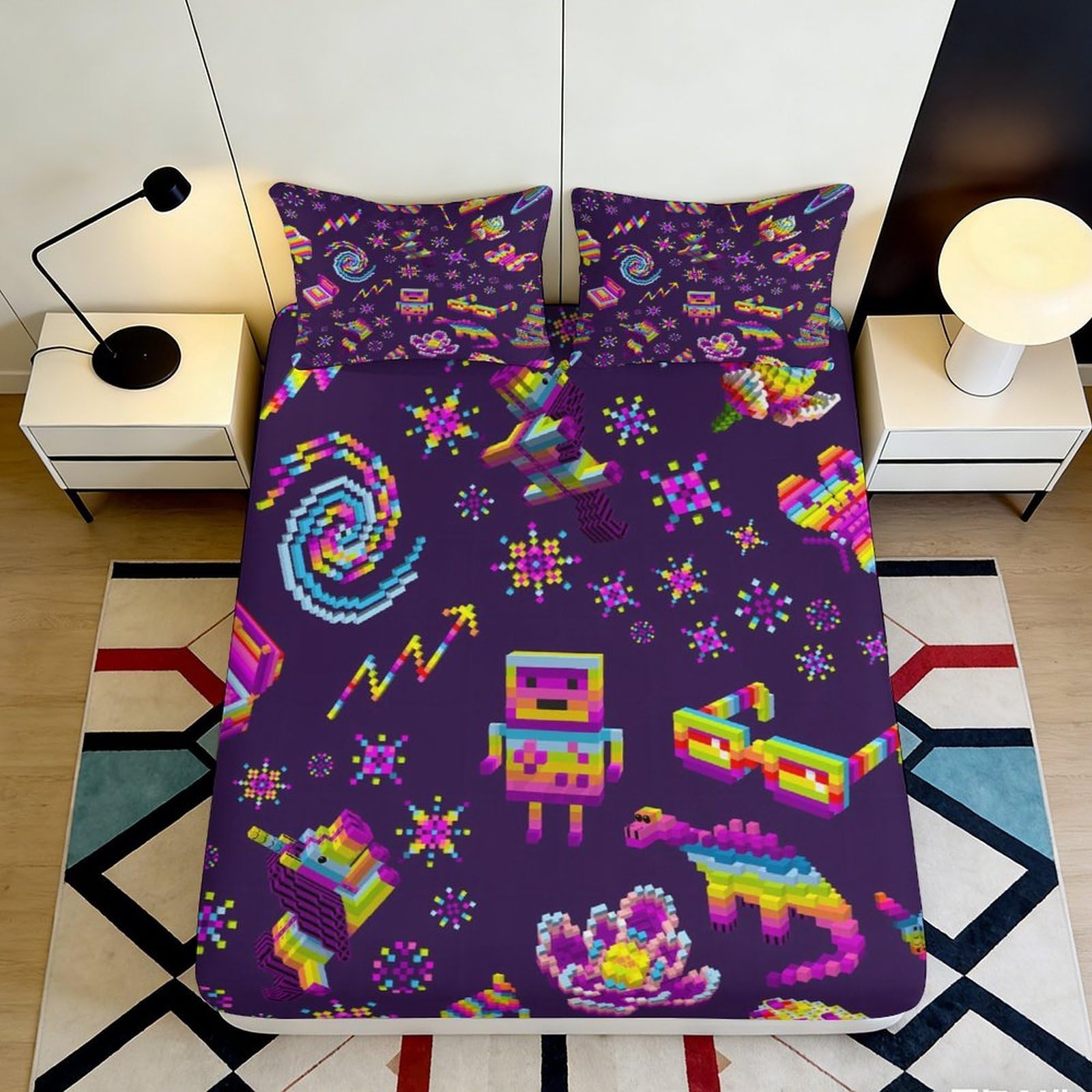 3D Printed Neon Graffiti Fitted Sheet Microfiber Deep Pocket Full Wrap Bedroom Bedding Neon Pattern Mattress Fitted Cover Washable for All Ages 90x200x25cm