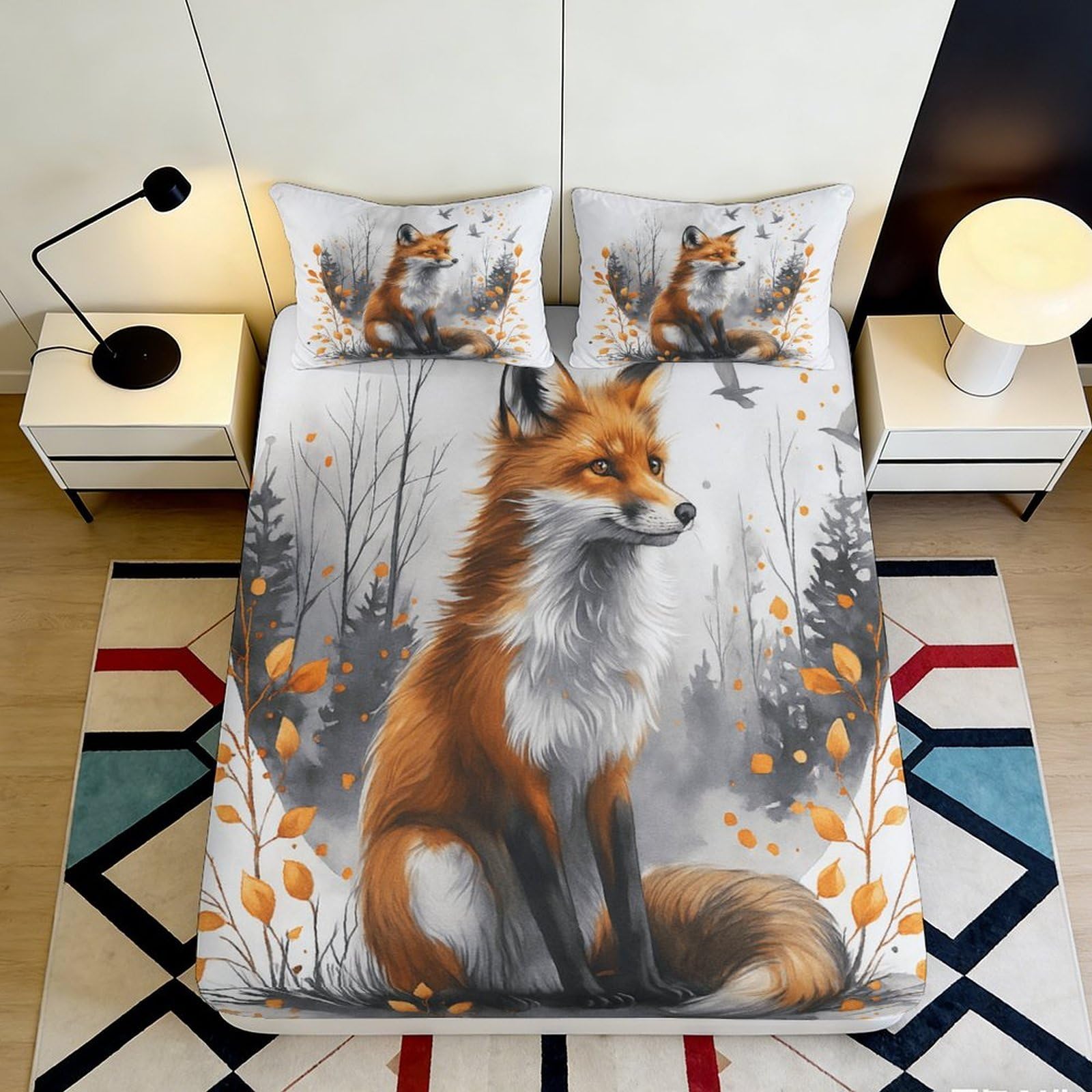 3D Printed Fox Forest Fitted Sheet Microfiber Soft Autumn Woodland Mattress Cover for Bedroom Dorm Mattress Protection Decor 200x200x25cm