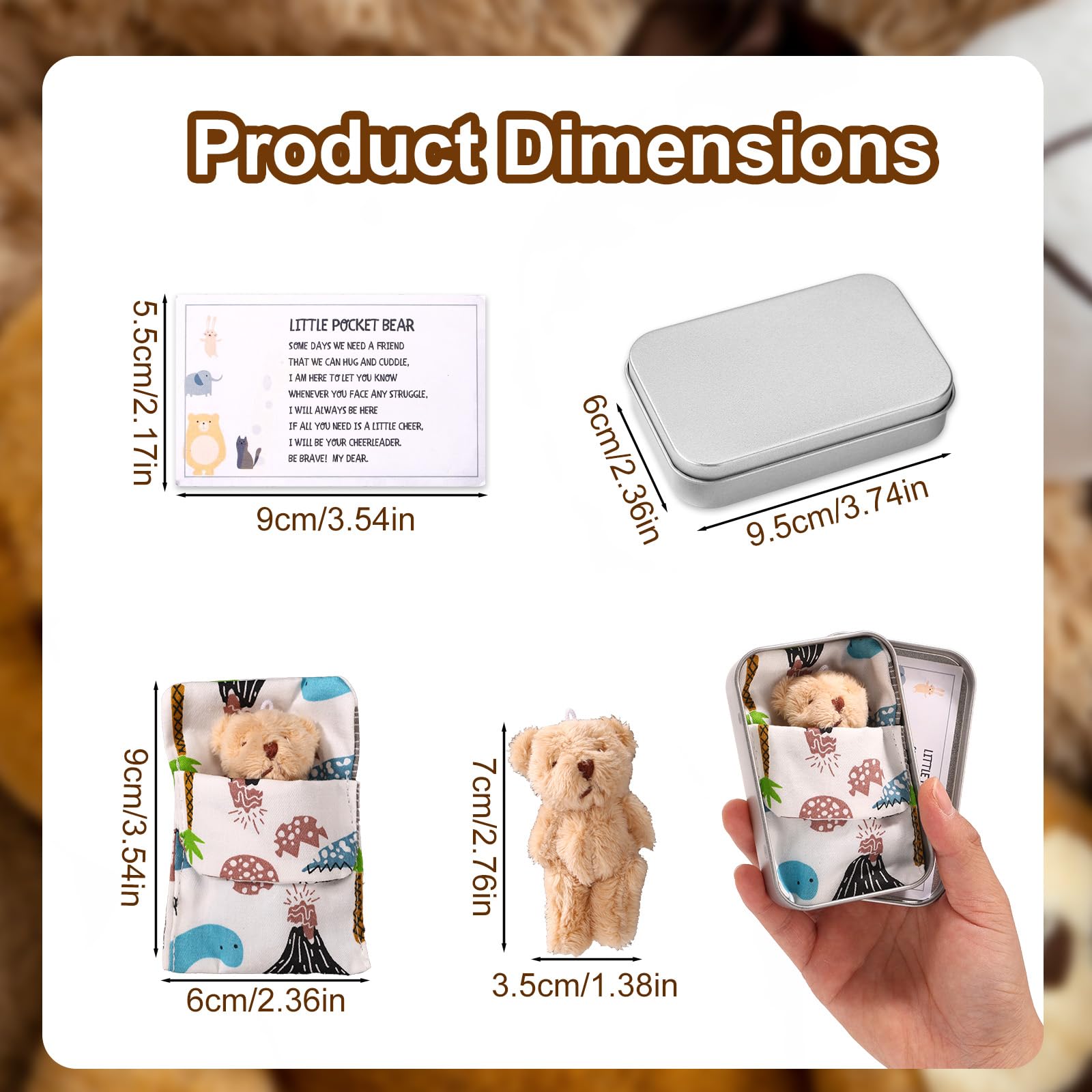 TOYMIS Little Pocket Bear Set, Adorable Mini Plush Bears with Inspirational Card Sleeping Blanket & Iron Box for Friends Encouragement Party Favor (Khaki Bear & Blue Sleeping Blanket)