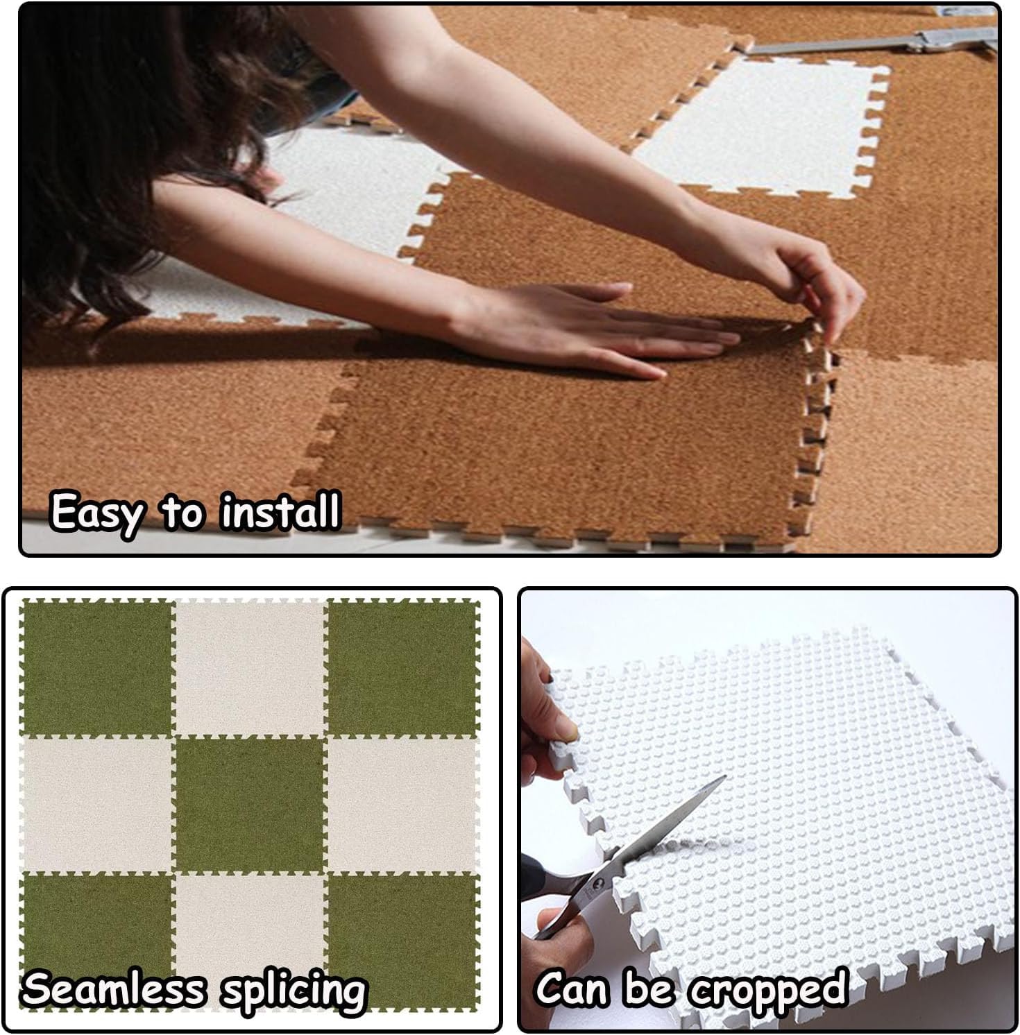 Dalles de Moquette emboîtables - Paquet de 10 pièces, Tapis Puzzle en Mousse de 30 x 30 cm, à Poils Courts, Noirs et Blanc cassé, adaptés aux Maisons, Bureaux, salles de Jeux pour Enfants, f
