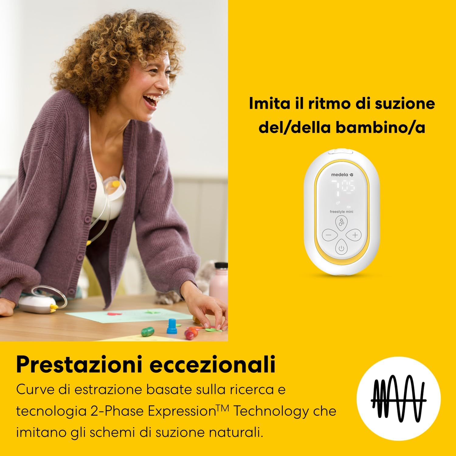 Medela Freestyle Mini Hands-Free elettrico doppio con coppe Hands-Free e batteria ricaricabile.
