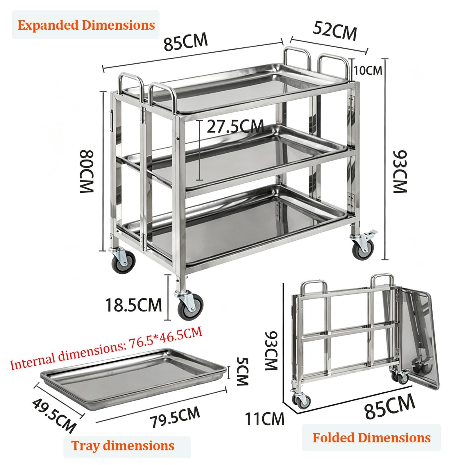 Carrito de Servicio Plegable de Acero Inoxidable, Carrito utilitario rodante Plegable de 3 Niveles Que Ahorra Espacio con Ruedas con Freno, Carrito de Comida móvil portátil
