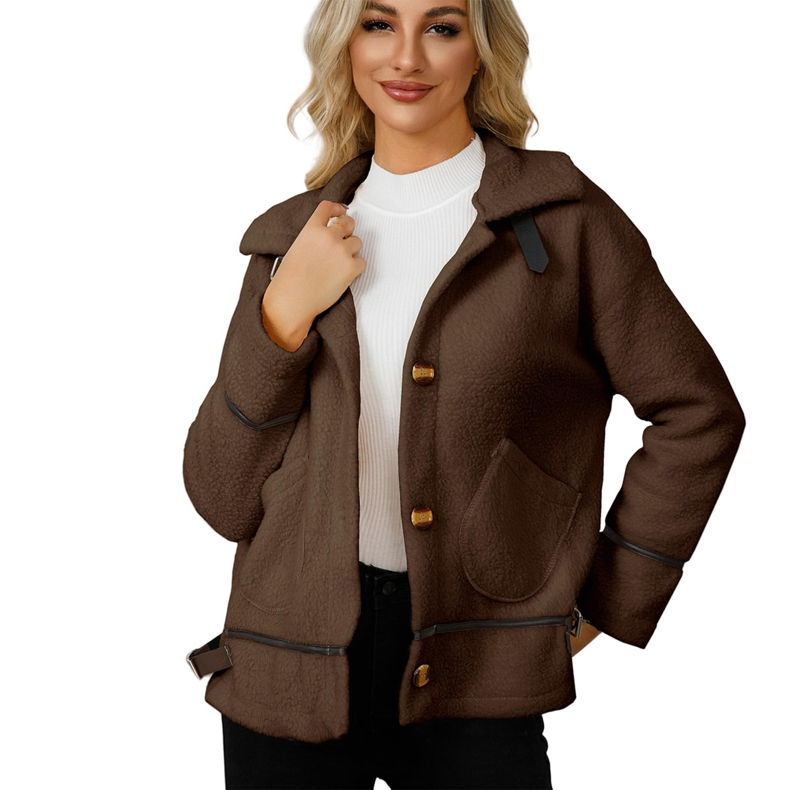 Generisch Fleecejacke Damen Pullover Damen Fleecemantel mit Revers und Knopfverschluss, kurzes, warmes Cardigan-Oberteil