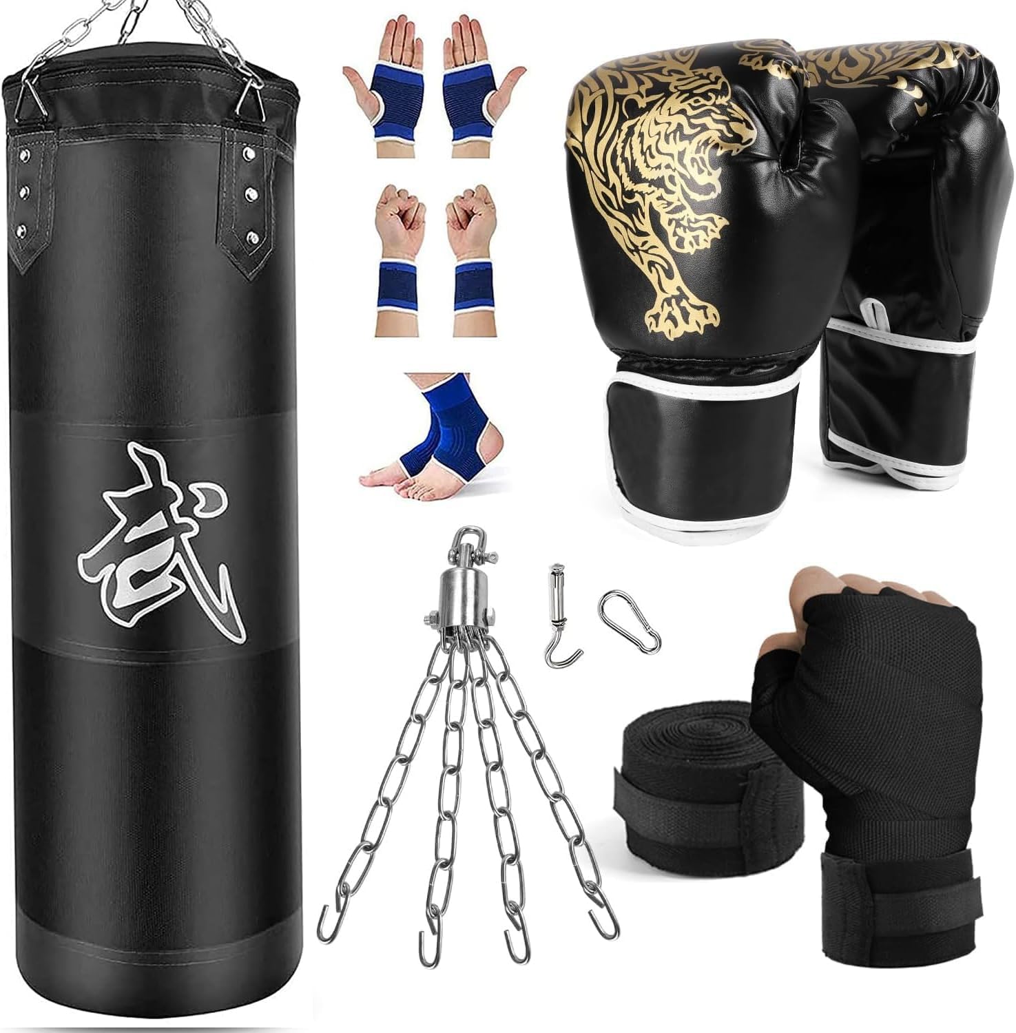 Punching Bag Set for Adults, 4FT PU Heavy Boxing Bag with 12OZ Boxing Gloves, Hand Wraps, Hanging Chains for MMA Karate Kickboxing Martial Art Home Gym Trainging - Unfilled