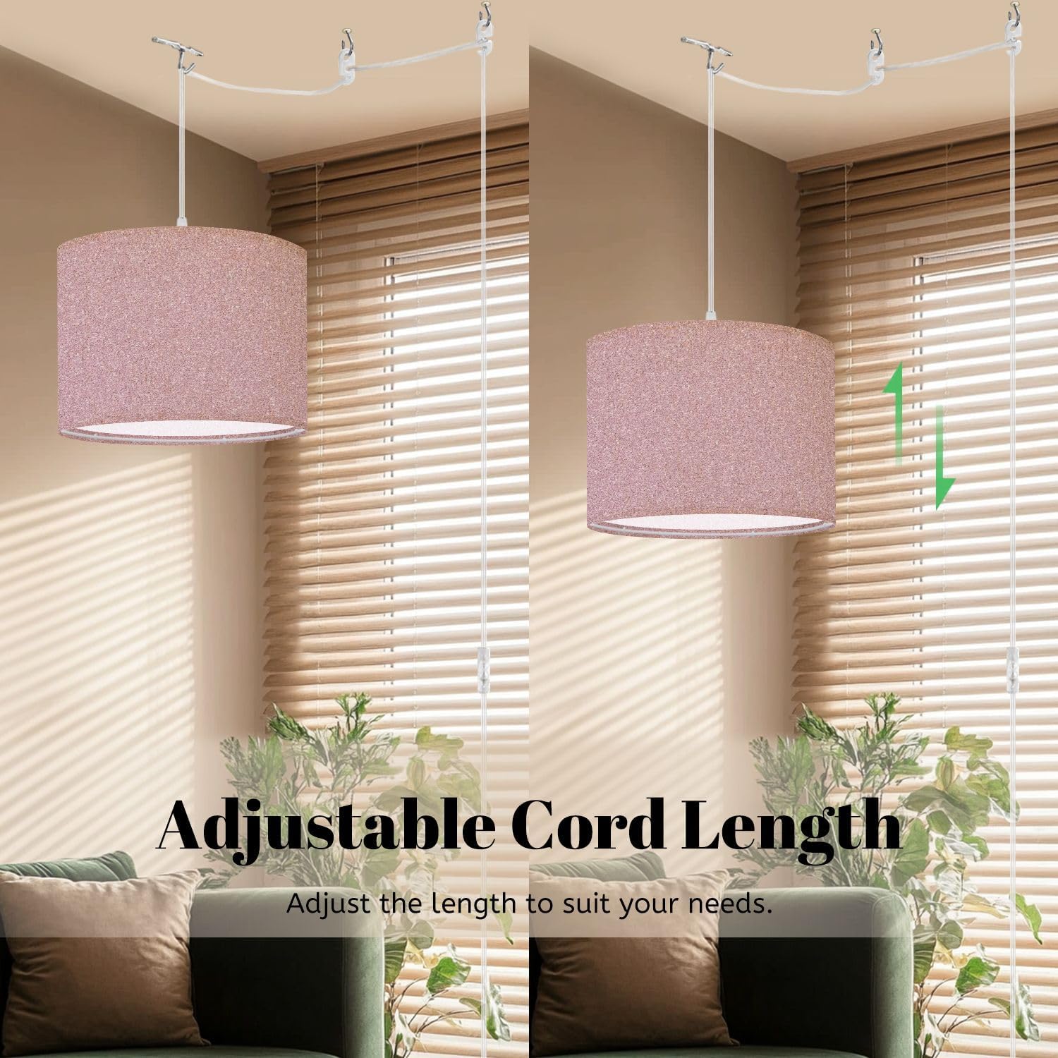 Plug in Pendant Light Glitter Pink Sparkly Bling Fine Texture Tones Even Distribution Subtle Hanging Light with Plug in Clear Cord Dimmable Switch Linen Shade Hanging Lamp Fixture for Bedroom Kitchen