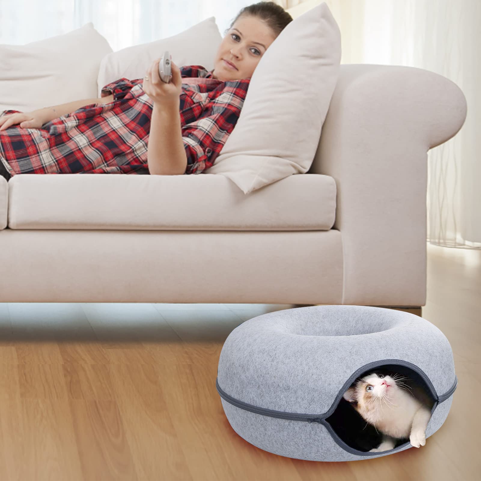 Lit tunnel pour chat, quatre saisons disponibles, tube rond amovible en feutre pour chat, jouet de jeu avec trou pour regard, tunnel de jeu intérieur lavable pour chats d'environ 7,7 kg, lapins,