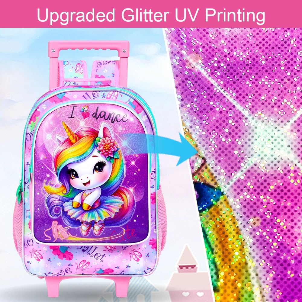 WZLVO 4PCS Unicorn Rolling Backpack for Girls - Cute Wheeled School Set with Lunch Box,Water Resistant Roller School Backpack on Wheels for Elementary Kids Travel