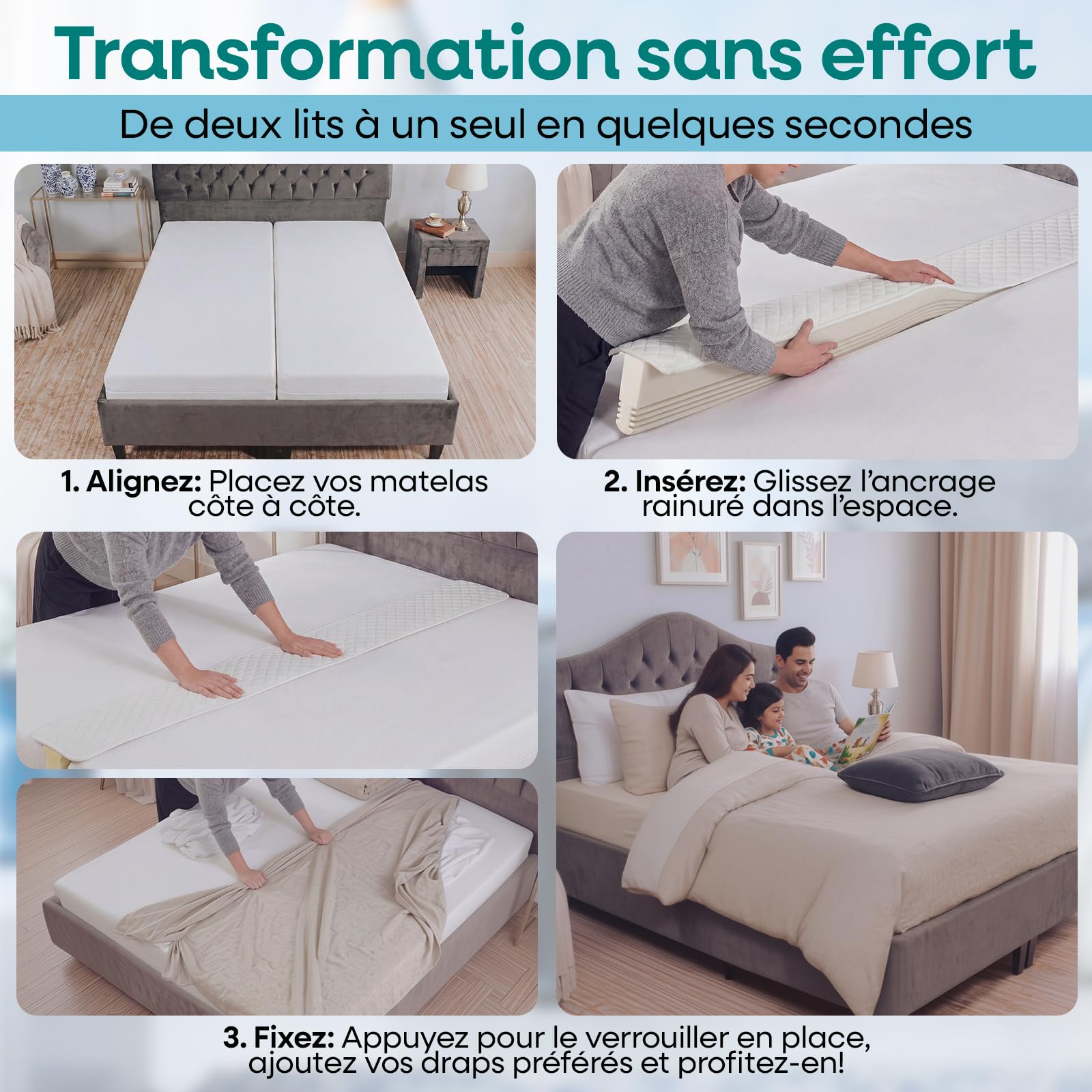 Pont de Lit Split King - Convertisseur pour Matelas Twin - Mousse Dense | Coin Biseauté Breveté Anti-Glissement, Hypoallergénique et Respirant, Idéal pour Chambres d'Amis et Couples