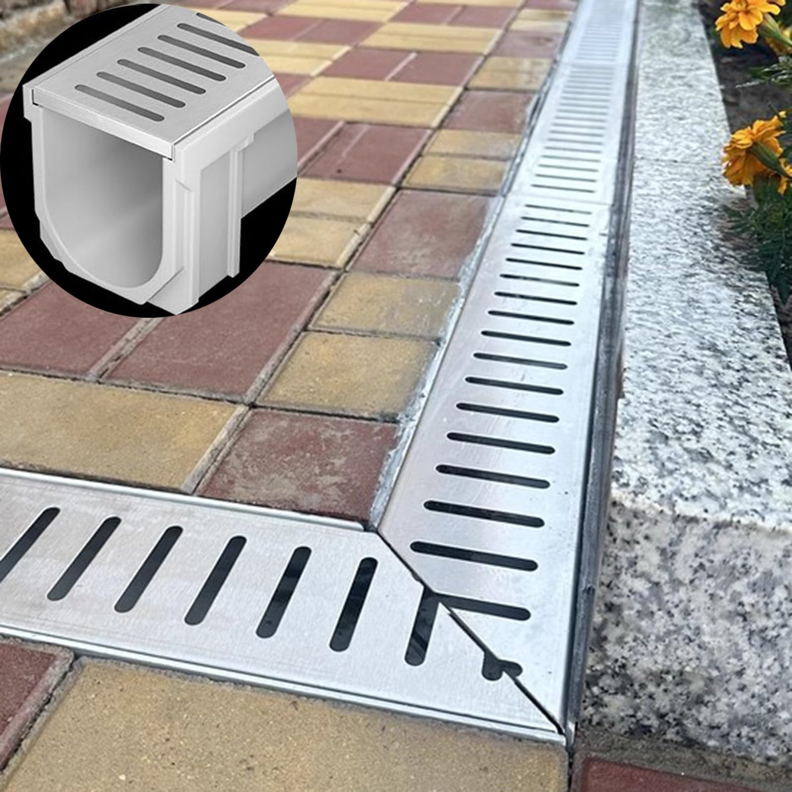 GLDYTVF Slim Trench Drain Grate Kit - 10pcs Outdoor Channel Drain with Metal Grate, Universal Flood Drainage System for Shower Base, 10.5x6x60cm (4.1x2.4x23.6in)