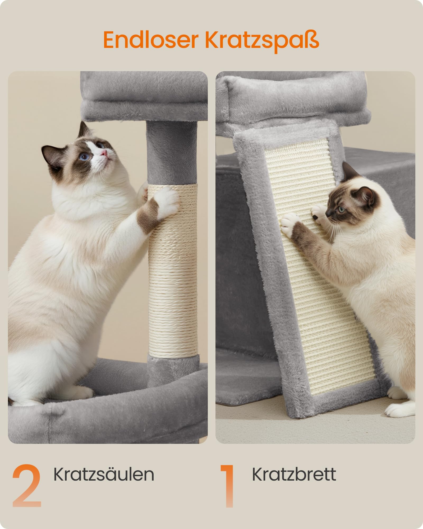 Feandrea Kratzbaum, Katzenbaum mit Kratzsäulen, Rampe, Katzenkratzbaum, 2 große Plattformen, Höhle und Korb, 85,8 cm hoch, Taubengrau PCT013GD01