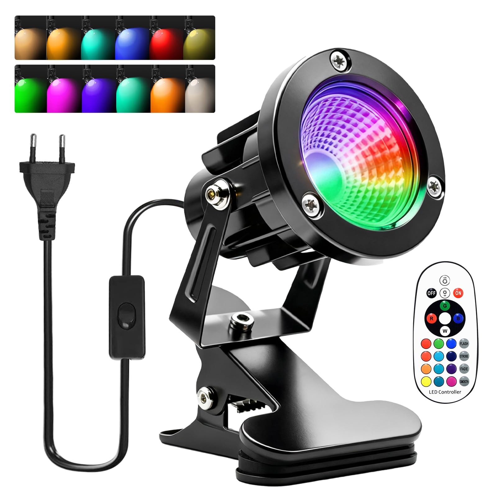 PORFOYO LED Spot Klemmstrahler, 6W RGB LED Klemmspot mit Fernbedienung, Strahler Klemmstrahler mit Stecker und Schalter, Schreibtischlampe, 4 Modi 16 Farbtöne, Wasserfester Klemmlampe für Innen Außen